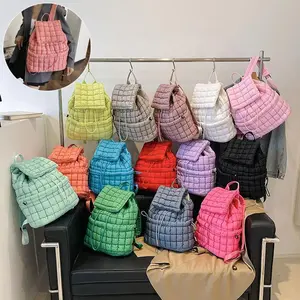Candy Color Quilted Women’s Backpack, Puffy Down-Padded School Bag, Large Cotton Travel Backpack, Plaid Shoulder Bag for Women