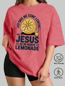 Jesus Makes Lemonade Lemon Graphic Women's Casual Short Sleeve Crew Neck Cotton T-Shirt – Bestselling Christian Faith Graphic Print, Mineral Wash Black, Machine Washable Spring & Summer Top, Soft Skin-Friendly Fabric, Daily Versatile, Fashion Design