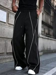 Men's Loose Casual Pants, Base Lines, Breathable Quick-Dry, Wrinkle-Resistant, Drawstring Waist, Four-Season Wear, Trendy Fashion