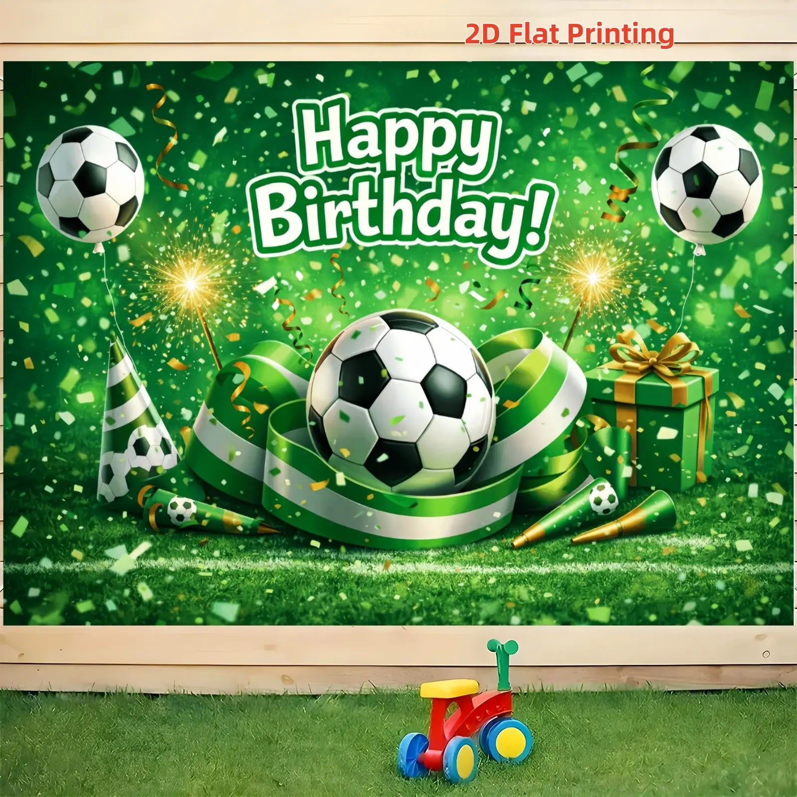 2D Flat 1pc Soccer Happy Birthday Backdrop Banner, Football Field Balloon Confetti Gift Photography Background, Ideal for Boys Sports Birthday Party, Football Fan Celebration, Game Day Photo Booth Decor, Multiple Sizes Available