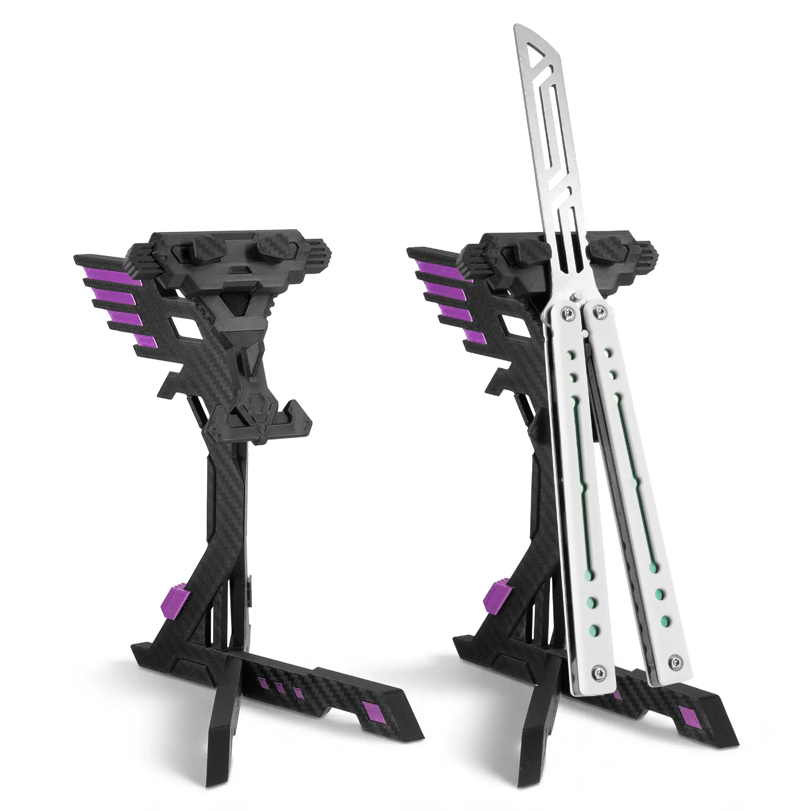 3D Printed Universal EDC Tool Holder Stand Secure Display Organizer for Practice Flipping Trainers & Skill Toys Carbon Fiber Texture in Silver Purple Blue
