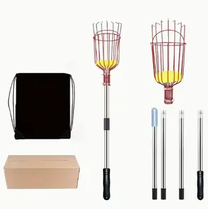 Stainless Steel Extendable Fruit Picker Tool, Telescopic Pole with Cage & Net, Long-Reach Harvesting Pruning Tool for Garden, Orchard
