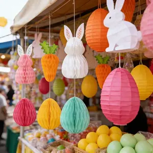 Easter 3D Heart Paper Pull Flower String, Vertical Hanging Paper Ball Decor, Spring Theme Vibrant Birthday Party Background Wall Decoration