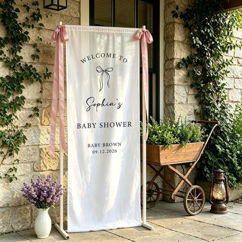 Personalized Bow Baby Shower Welcome Banner, Custom Fabric Baby Shower Sign, Baby Girl Celebration Backdrop, Elegant Entrance Party Decor
