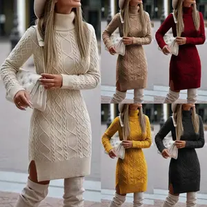 Sweater Dress,Womens Cable Knit Sweater Dress Sexy Long Sleeve Bodycon Turtleneck Mini Fall Sweaters Dresses,Women's Turtleneck Slim-fit Long Sweater for Autumn and Winter Warmth