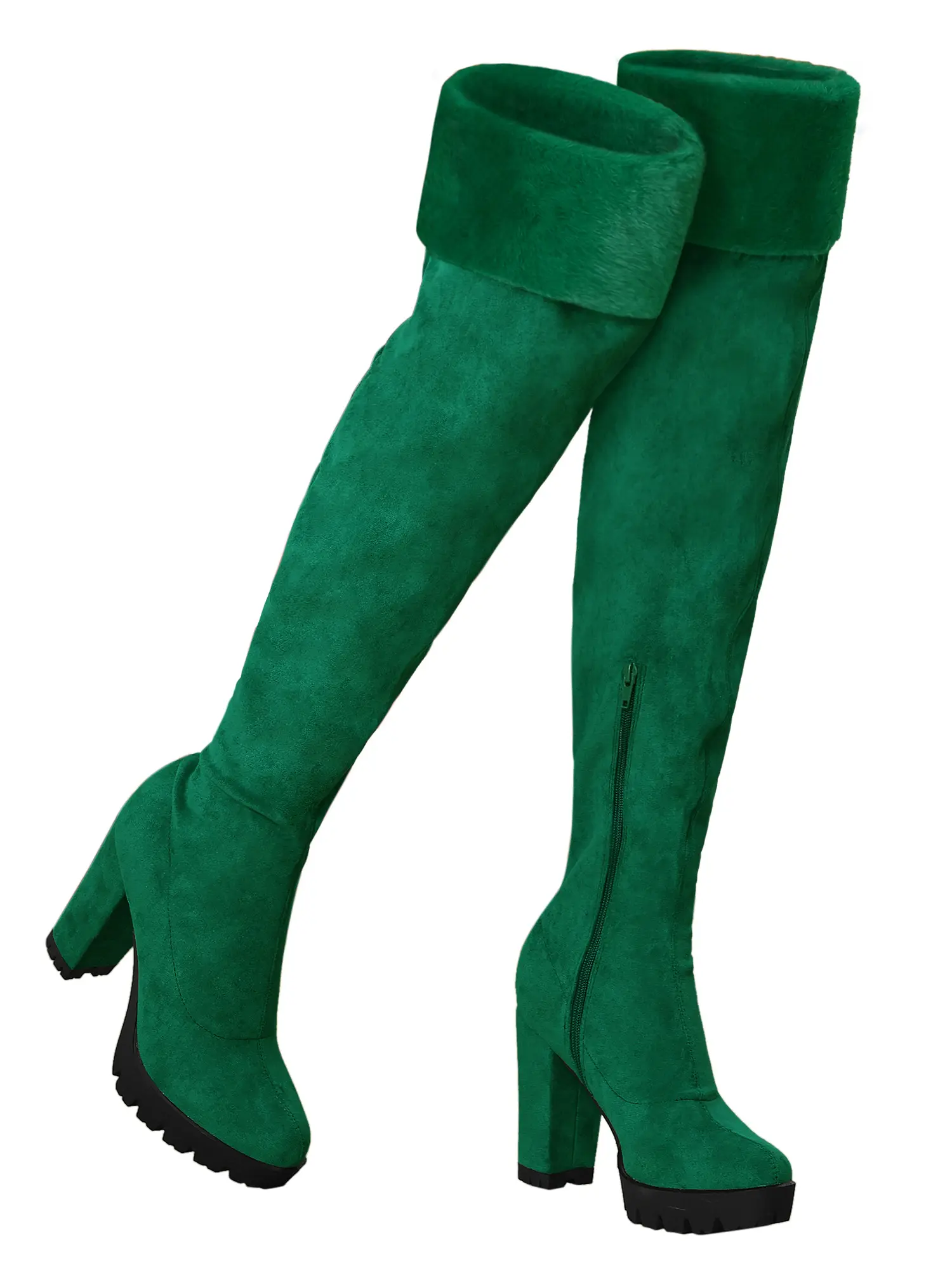 BLISSFUL STEP Women's Platform Faux Fur Zipper Chunky Heel Over Knee Thigh High Boots