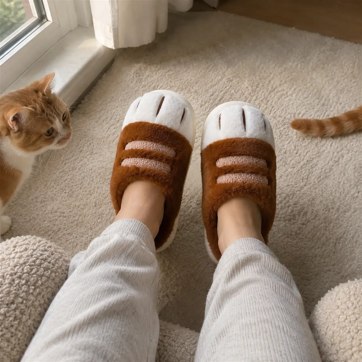 Trendy Cat Paw Fluffy House Slippers for Women Cozy Kawaii Animal Plush Shoes Winter Warm Indoor