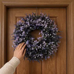 Artificial Lavender Wreath For Spring & Summer. Perfect Front Door Hanging Decor, Ideal For Porch, Window, Wall And Indoor Outdoor Decoration. Elegant Purple Floral Wreath Adds Farmhouse Charm To Your Entryway And Home