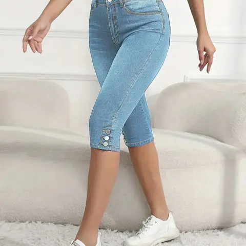Women's Plain Button Pocket High Waisted Denim Capri Pants, Casual Comfy Skinny Capri Jeans for Daily Wear, Ladies Bottoms for Summer, Womenswear