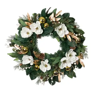 Village Lighting 30" Pre-Lit LED Wreath - White  Gold Magnolia