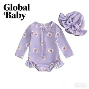 Global Baby Toddler Girl Rash Guard Swimsuit, Long Sleeve Strawberry Print Bathing Suit + Sun Hat Baby Girls Swimsuit  Long Sleeve Flower Print Zipped Bikini with Hat Newborn Swimwear