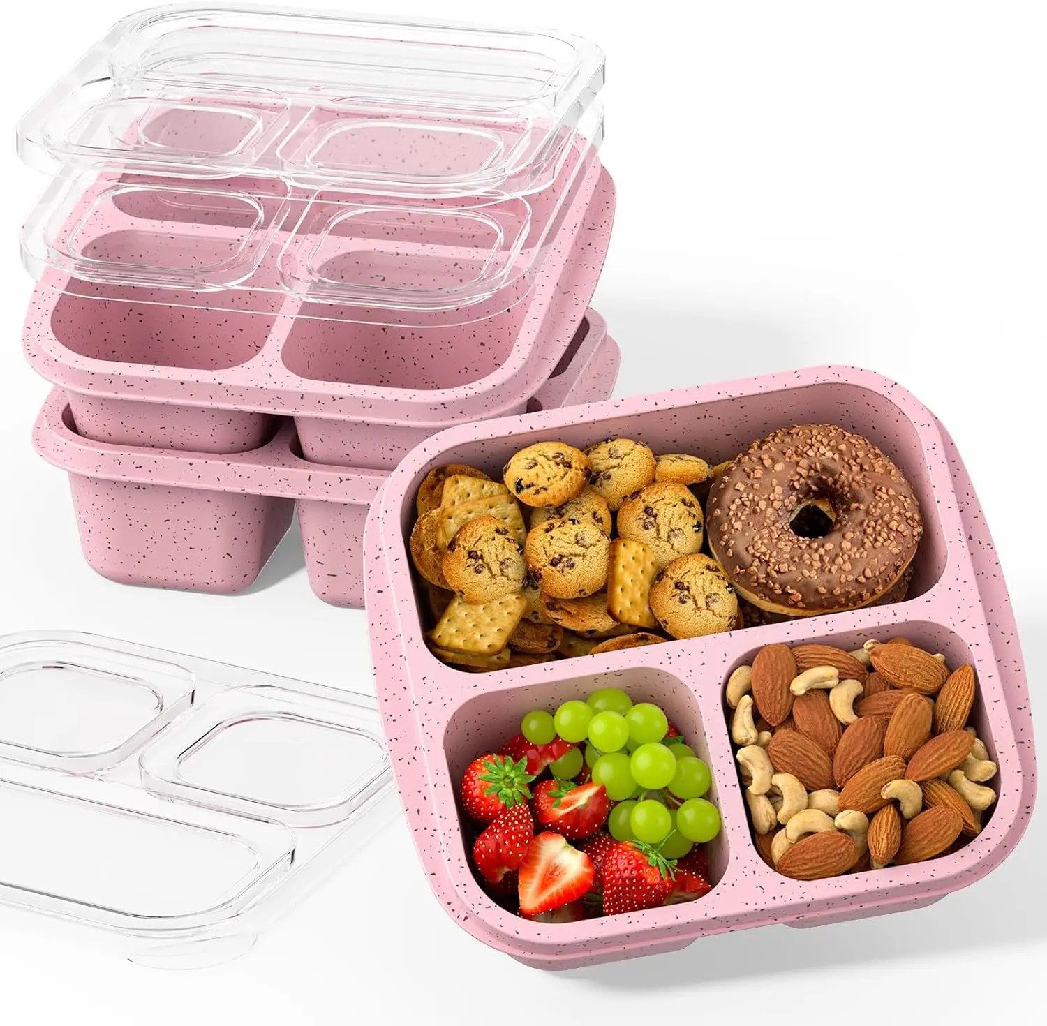 3 Pack Snack Boxes - Stackable Bento Boxes with 3 Compartments, Meal Prep Containers Reusable, Lightweight Lunch Containers for Kids and Adults, BPA Free (Pink)