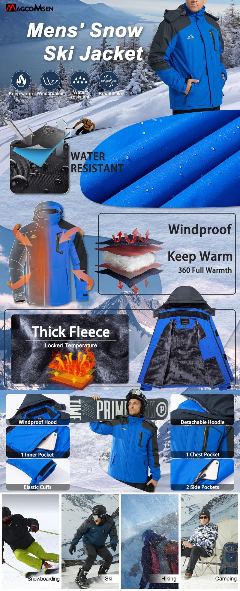 MAGCOMSEN Men's Winter Coats Water Resistant Ski Snow Jacket Warm Fleece Jacket Parka Raincoats With Multi-Pockets FallFreshness Athletic Outerwear Outdoor Sportswear Outdoorfun