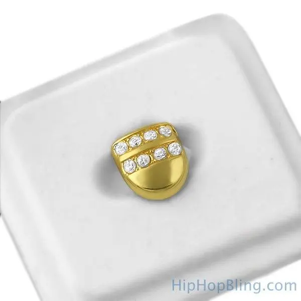 Iced Out Single Tooth Grillz, 2-Row CZ Gold Plated Brass Cap, Removable Hip Hop Jewelry with Custom Fit Silicone & Storage Box, Tooth Gems, Decoration, Solid Brass, Two Rows