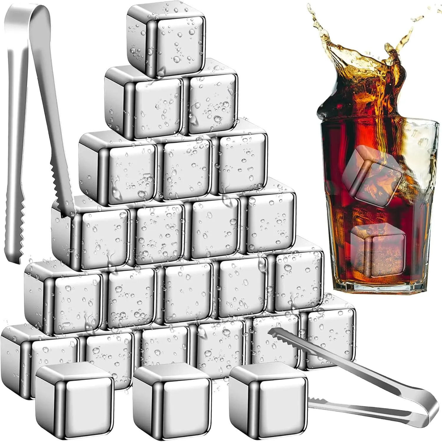 Stainless Steel Ice Cubes for Drinks 6P/8P, Reusable Chilling Whiskey Stones for Wine, Cocktails, Juice & Beverages, Odorless Metal Ice Cubes with Ice Tong and Storage Box