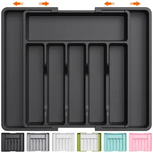 Large Silverware Drawer Organizer, Expandable Utensil Tray for Kitchen, BPA Free Flatware and Cutlery Holder, Adjustable Plastic Storage for Spoons Forks Knives, Large, Black