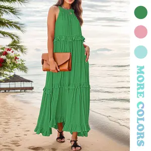 ETCYY Women's Summer Boho Maxi Dress – Loose Halter Neck, Ruffle Hem, Flowy Sleeveless Sundress, Waist-Friendly Beachwear, Green Casual Womenswear Basic, 2025 Vacation Outfit | Final Sale – Limited Stock