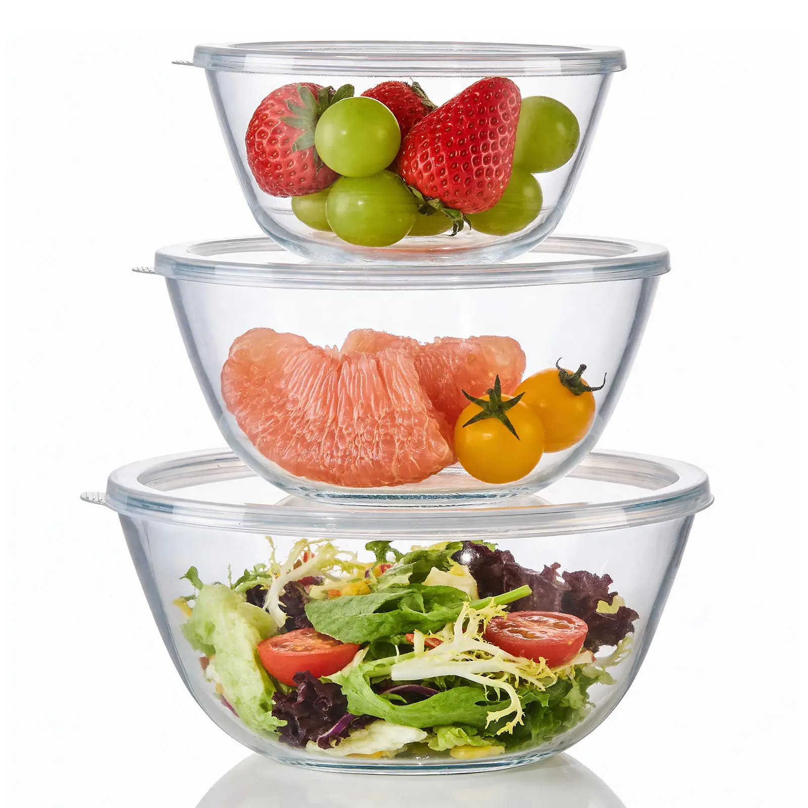 Glass Mixing Bowl Set, 3-Piece (4.5, 2.7, 1.1 Quart) - Large transparent nesting bowls for baking, cooking, and meal prep - Dishwasher safe, easy-to-store salad bowls and serving dishes