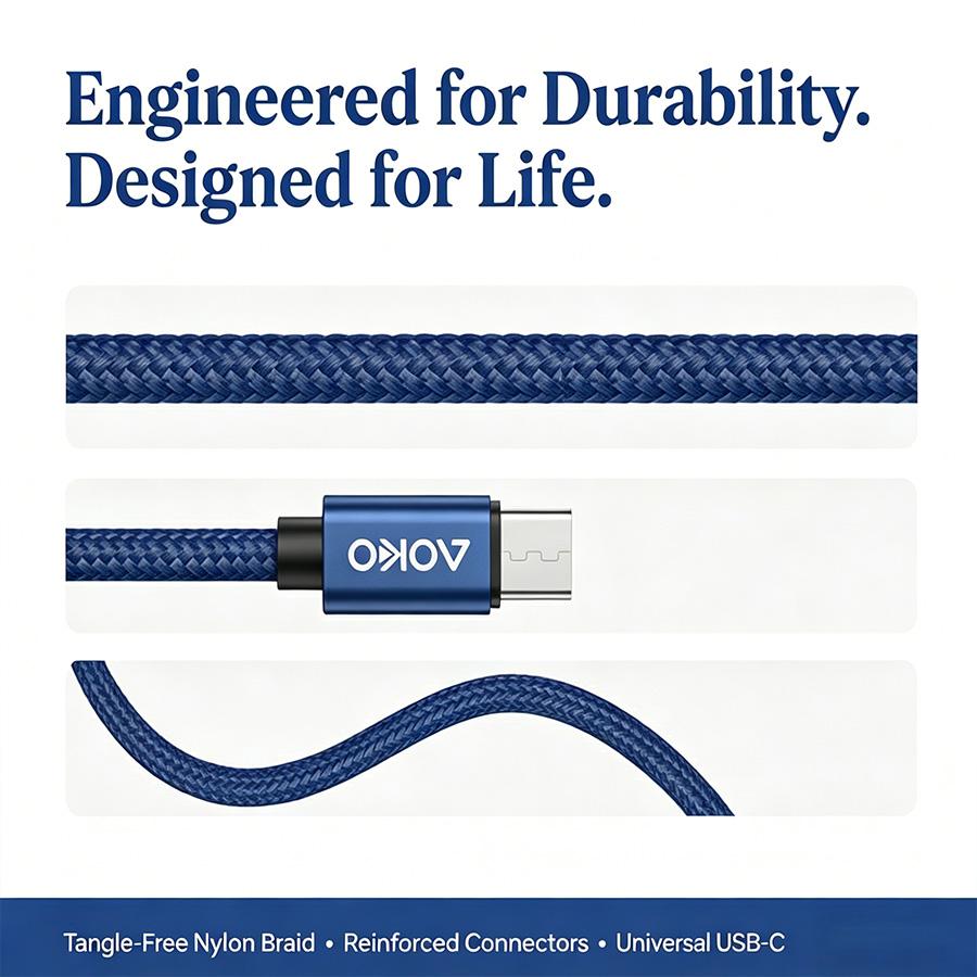 60W Fast Charging USB‑C Cable, Heavy-Duty Nylon Braided, Anti-Tangle, Super Durable & Bend-Resistant Type‑C Cord for iPhone 17/16/15, Samsung Galaxy, Pixel, iPad Pro