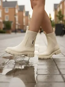 Women's Solid Color Waterproof Rain Boots, Mid-Calf Chelsea Style Pull On Boots, Knit Elastic Cuff, Non-Slip Round Toe, Thick Rubber Sole