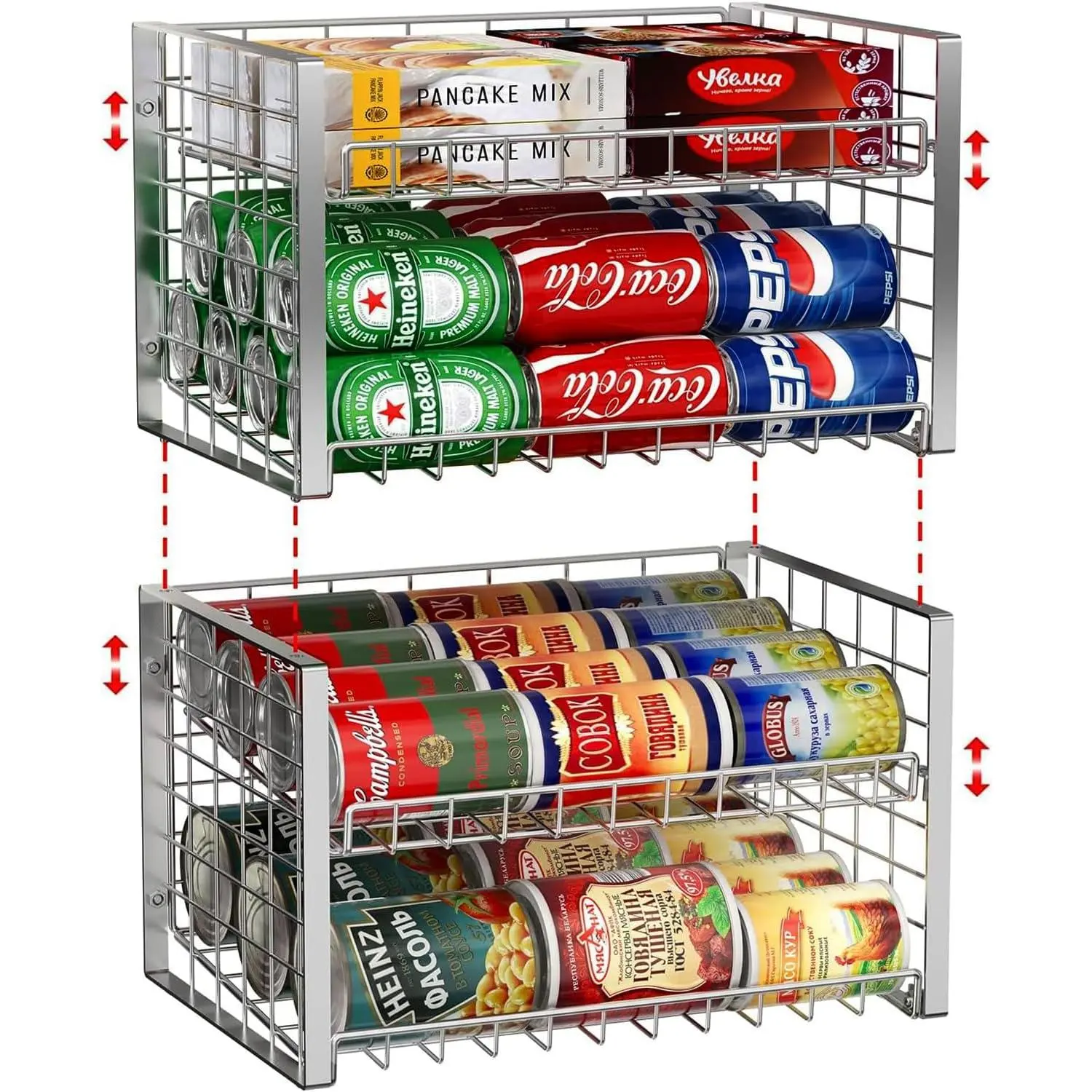 2-Tier Stackable Can Rack Organizer for Pantry, Adjustable Can Dispenser Holds Up to 62 Cans, Can Storage Holder for Various Ounces of Canned  Soda Drinks, , 2 Pack (Petent Pending)