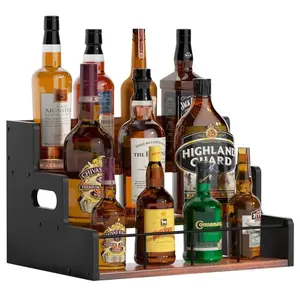 Liquor Bottle Display Shelf,Wood Syrup Organizer Rack,3 Step Countertop Organizer Wine Rack,Rustic Coffee Station Accessories for Syrup