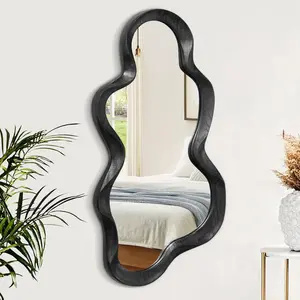Black Asymmetrical Mirror for Wall Irregular Wood Frame Mirrors Modern Artistic Wavy Wall Mirror Decorative Vanity Bathroom Living Room Bedroom Entryway Hallway Cute and Stylish Cloud Mirror Large