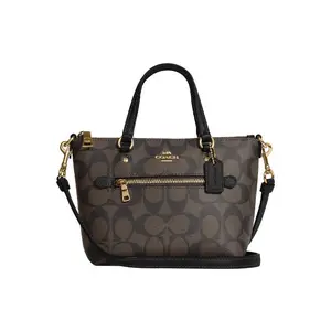 Coach Gallery 20 Zip Top Crossbody Bag for Women, Small Dual-Card Slot Design in Brown and Black Coated Canvas with Smooth Leather