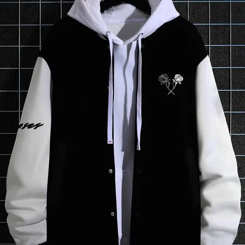 Men's Colorblock Button Front Baseball Jacket, Fashionable Jacket, Casual Athletic Jacket, Regular Fit Long Sleeve Outerwear for Fall & Winter, Streetwear, Casual Fitted Jacket, Drop Shoulder Jacket, Button Down Jacket, Casual Jackets