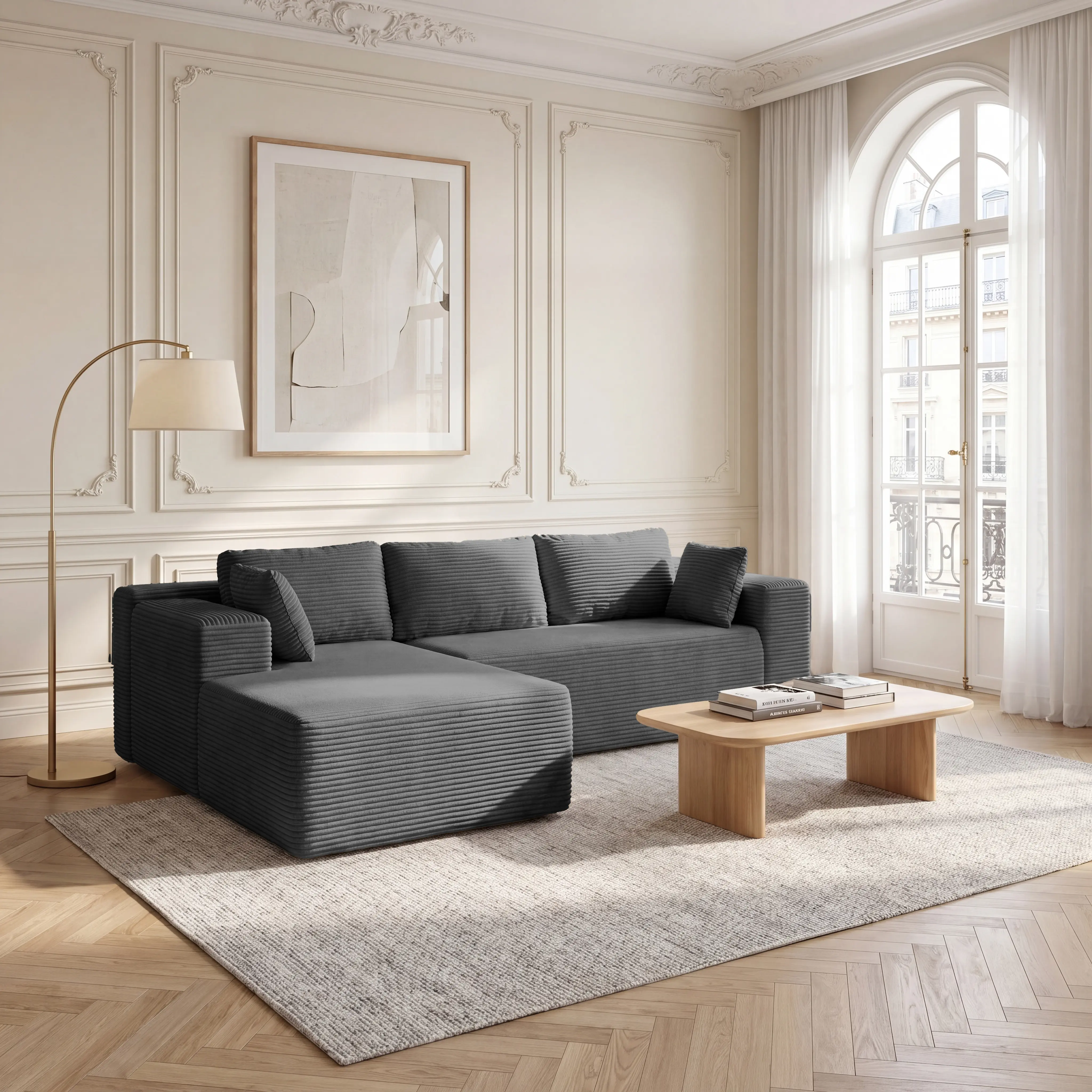 【JOYVELLEHEIM】Corduroy L-Shaped Compression Sectional Sofa with Chaise, Cloud Couch, Boneless Space-Saving Renter-Friendly Couch, Tool-Free Assembly Soft Fabric Indoor Furniture, Apartment Living Room Decor, Boneless Couches