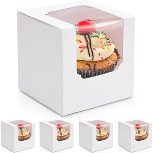 20 count White Cupcake Boxes, 3.5"x3.5"x3.5" Individual Cupcake Containers Pre-Assembled Containers with Window and Inserts for Wedding  Shower Birthday
