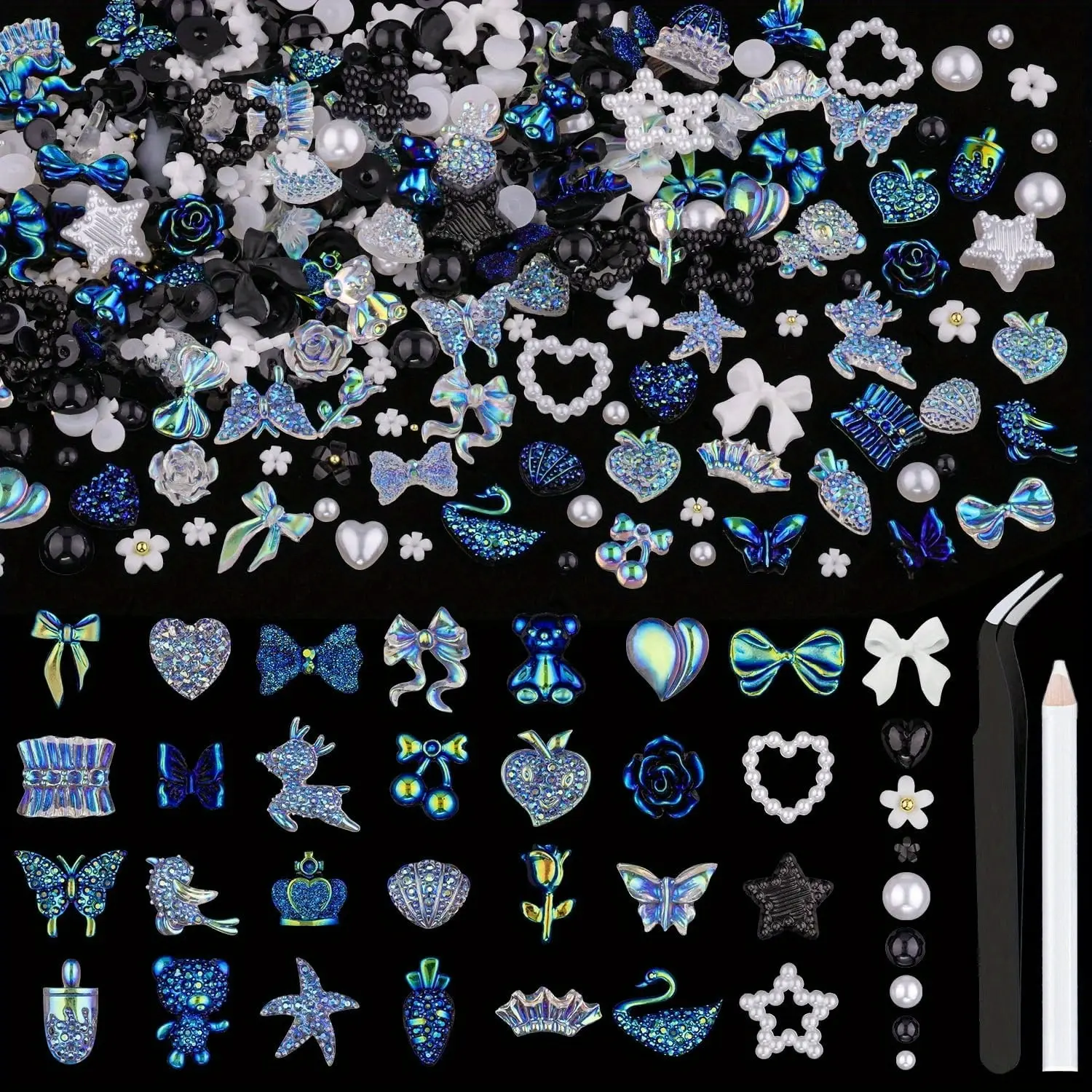 Clear AB & Black 150 PCS 3D Nail Charms Butterfly Bow Star Heart Bear Shiny Jewels with 3D Flowers and Flat Pearls, Over 400 PCS Cute Charms in Total with Pickup Tools for Nail Art Design and Decoration, Nail Decoration Supplies