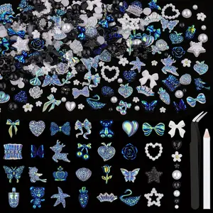 Clear AB & Black 150 PCS 3D Nail Charms Butterfly Bow Star Heart Bear Shiny Jewels with 3D Flowers and Flat Pearls, Over 400 PCS Cute Charms in Total with Pickup Tools for Nail Art Design and Decoration