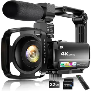 4K Video Camera Camcorder 64MP Vlogging Camera for YouTube 3.0"  Screen 18X Digital Zoom IR Night Vision with External Stereo Microphone,Remote,Lens Hood,Handheld Stabilizer,32G Card &2