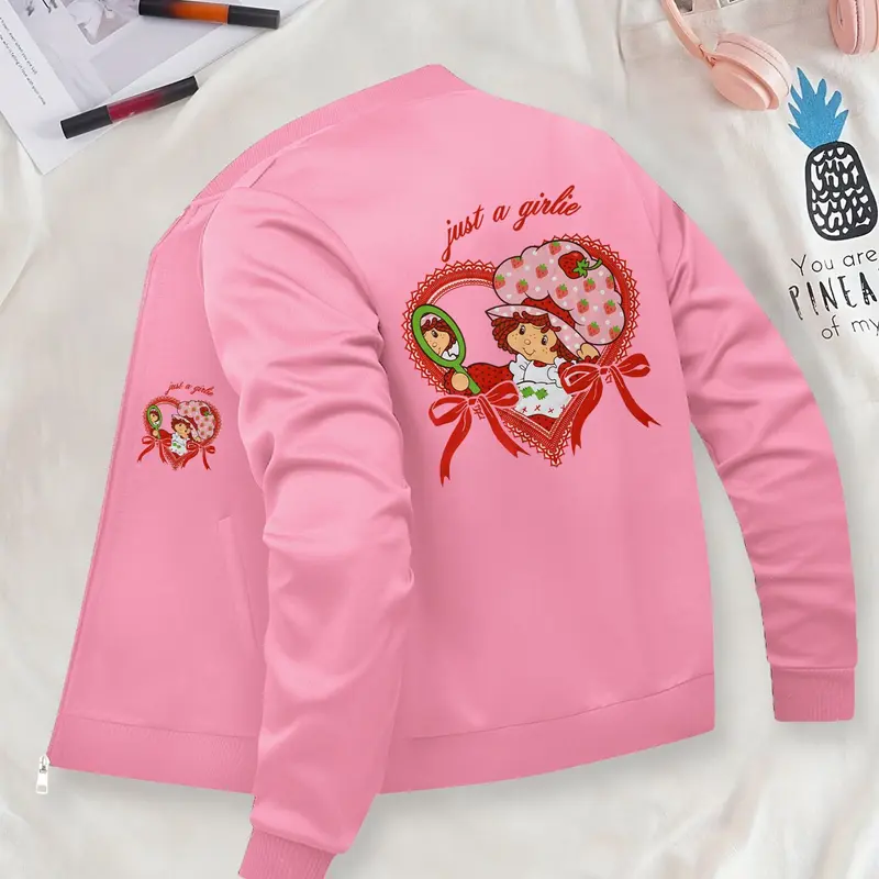 Cute Girly Style Strawberry Doll Print Baseball Jacket Daily Casual Fashion Top Lightweight Comfortable, Suitable for Daily Wear and Outdoor Activities