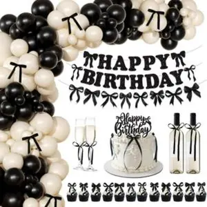 Black bow birthday party decorations conqutte birthday decorations black sand white balloon arch kit bow happy birthday banner bow cake cupcake toppers satin ribbon black bow birthday decor
