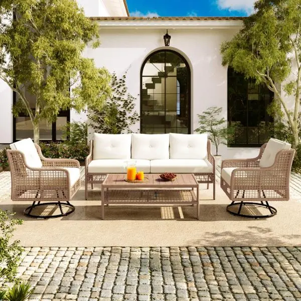 Sturdy Waterproof 4-Piece Outdoor Wicker Sectional Sofa Set, All-Weather Patio Conversation Set with 3-Seater Sofa, 2 Ergonomic 360° Rotating Swivel Chairs, Coffee Table & Cushions, Suitable for Lawn Poolside Backyard, Iron, Deck