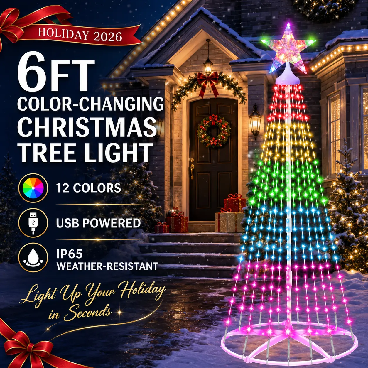 6FT Color-Changing Christmas Tree Lights, 12-Color LED Cone Tree with Lighted Star, USB Powered, IP65 Weather-Resistant Outdoor Christmas Decoration for Yard, Porch, Patio & Home