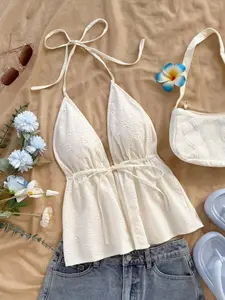 Modern Women's Knitted Backless Halter Top, Summer Casual Holiday Style, Fashion Drawstring Design, Sleeveless Blouse