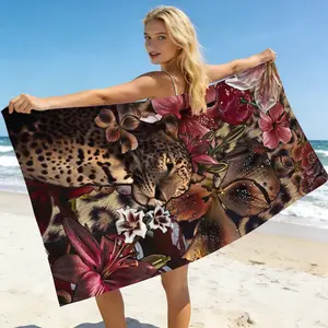 1pc Flower floral, leopard print beach towel, black leopard pattern quick drying absorbent large, suitable for outdoor sports, swimming, yoga, camping and beach vacation essential multifunctional towel