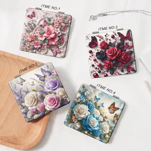 Floral & Butterfly Pattern Handheld Mirror, 1 Count Portable Folding Makeup Mirror, Mini Handheld Makeup Mirror for Women & Girls