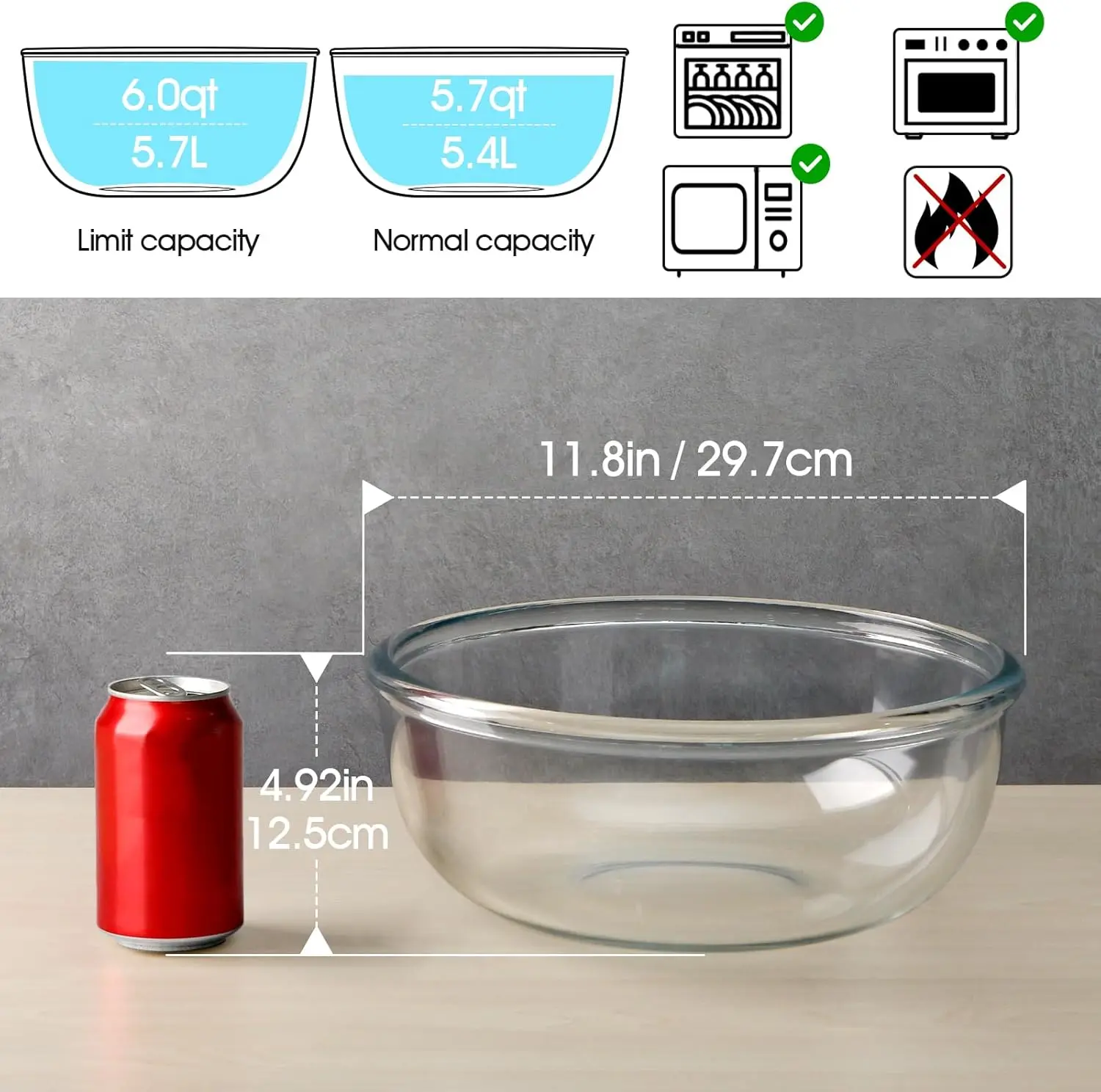NUTRIUPS 6 Qt Clear Glass Mixing Bowl, Large Versatile Kitchen Bowl for Salad Preparation