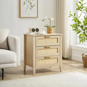 【Christmas Gift】Ratten Nightstand, Boho Cabinet with 3 Natural Rattan Drawers, Bedside Table for Bedroom, Natural Rattan Design