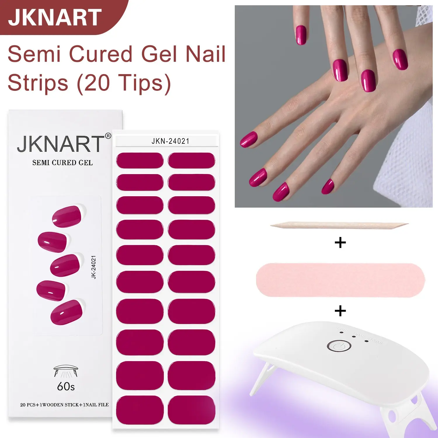 DIY Nail Art Kit, 20 Semi-Cured Gel Stickers + Portable UV Lamp, Home Use, Requires UV/LED Light, Soft Gel Nails Decorations