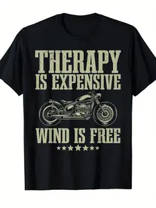 Men'S & Women'S Motorcycle Lovers Graphic T-Shirt - Funny "Therapy Is Expensive Wind Is Free" Slogan & Motorcycle Design, Retro Vintage Style Casual Short Sleeve Round Neck Tee for Casual Attire, Comfortable Fit All-Season Apparel for Bikers & Motor