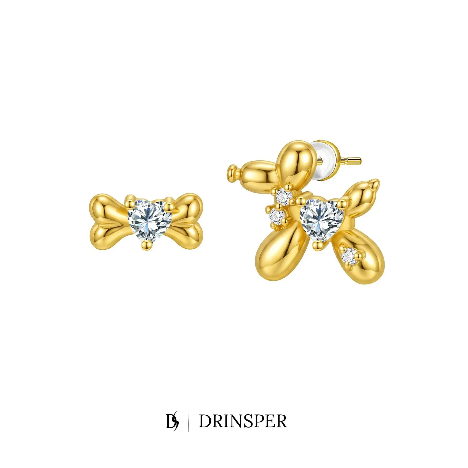 DRINSPER Women's 3D Balloon Dog Bone Mismatched Stud Earrings - Funny Kawaii Animal Jewelry with Cubic Zirconia Accents, Copper Build, S925 Silver Posts for Party, Daily Wear & Gifting