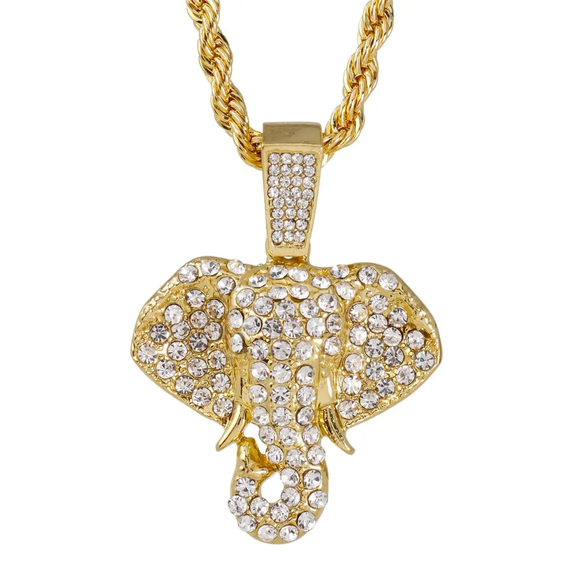 Hip Hop Elephant Charm Necklace, Eye-Catching Plated Alloy Pendant with Sparkling Stones for a Bold Look, Comfortable approx. 24" Rope Chain, Casual Wear, Animal