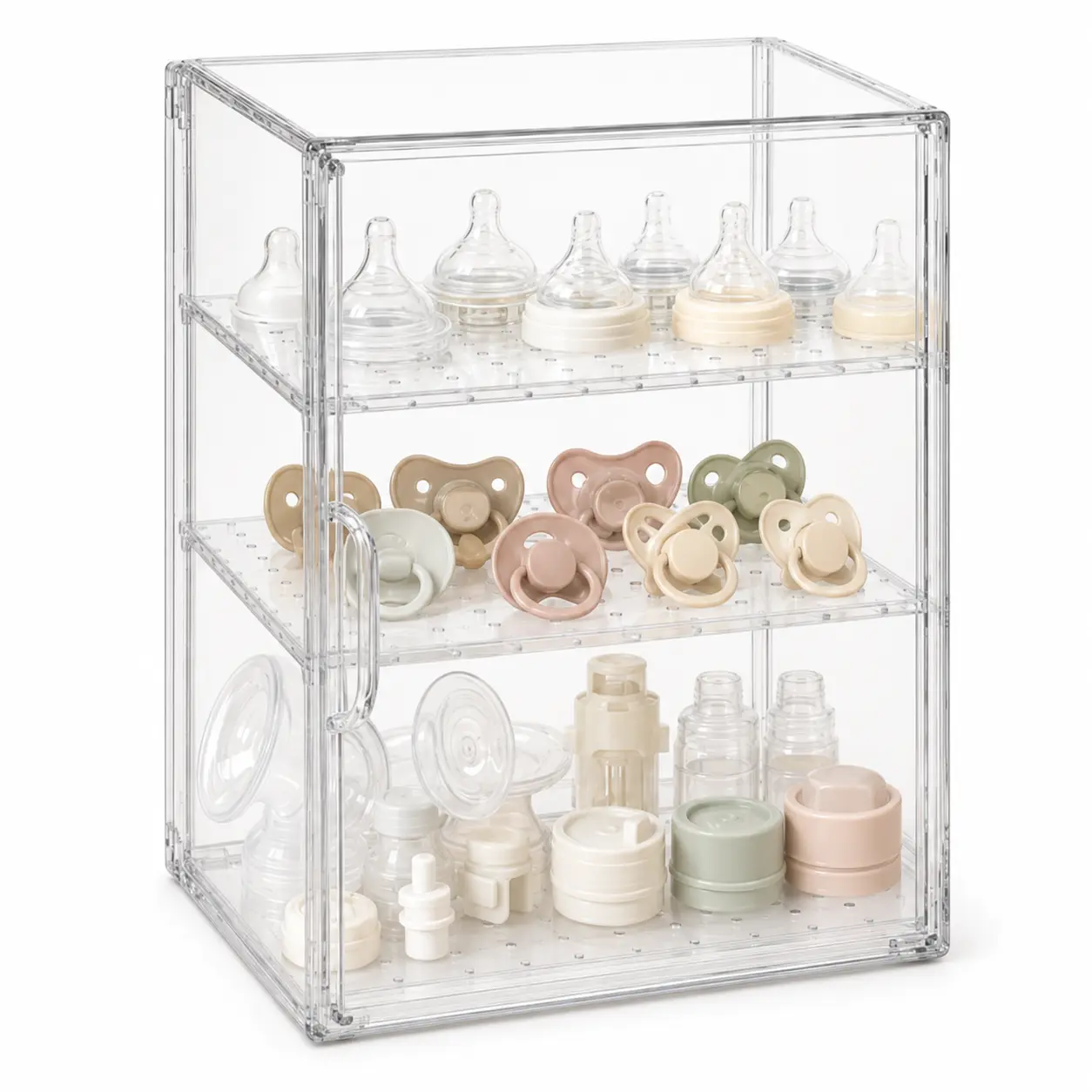 Baby Bottle Organizer for Countertop, 3-Tier Clear Acrylic Storage Cabinet with Magnetic Door & Adjustable Shelves for Bottles, Nipples, Pacifiers, Pump Parts and Feeding Essentials