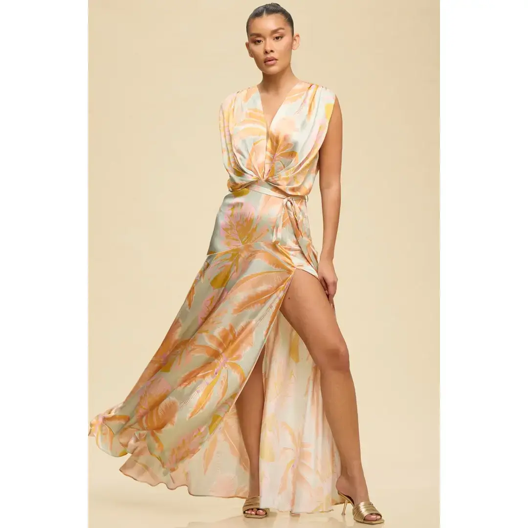 Golden Sunset Palm Print Maxi Dress - Orange Multi