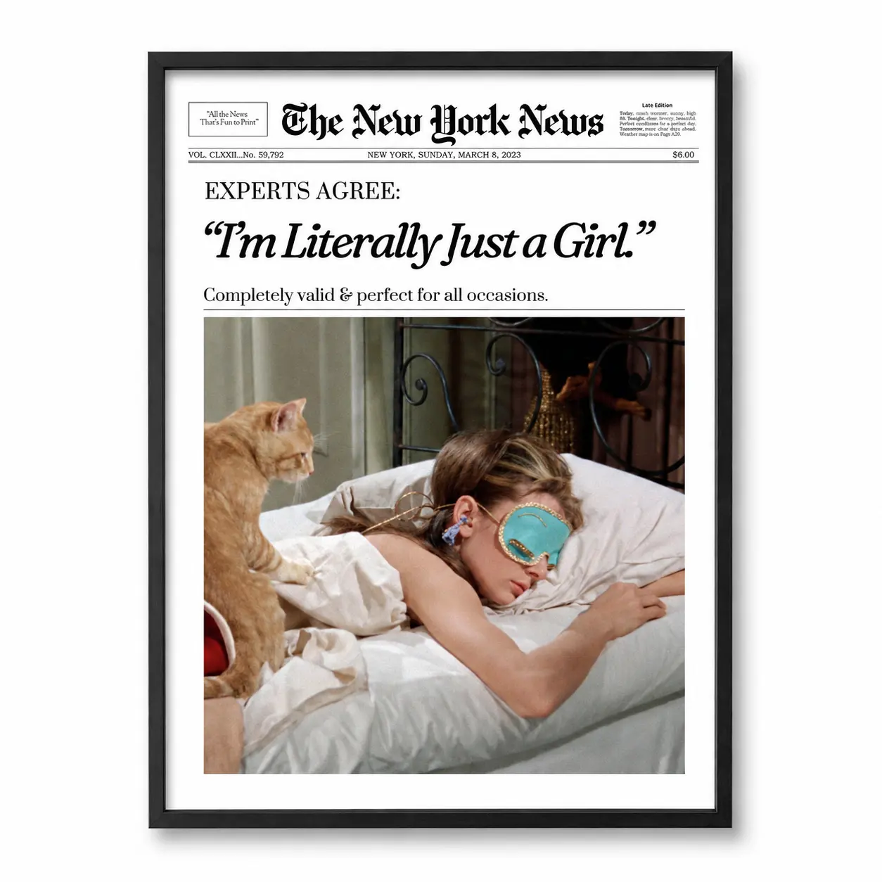 Audrey Hepburn "T'm Literally Justa Girl " Wall Art, vintage newspaper-style wall decor, perfect for bedrooms, bathrooms, apartments, and dorm rooms,